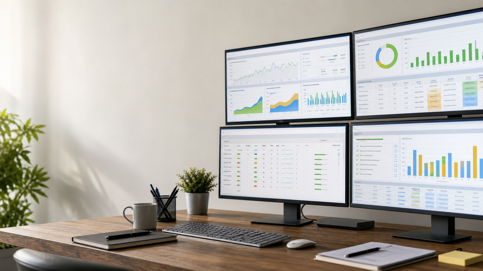 Paid media analytics dashboards displayed across multiple monitors in a professional workspace